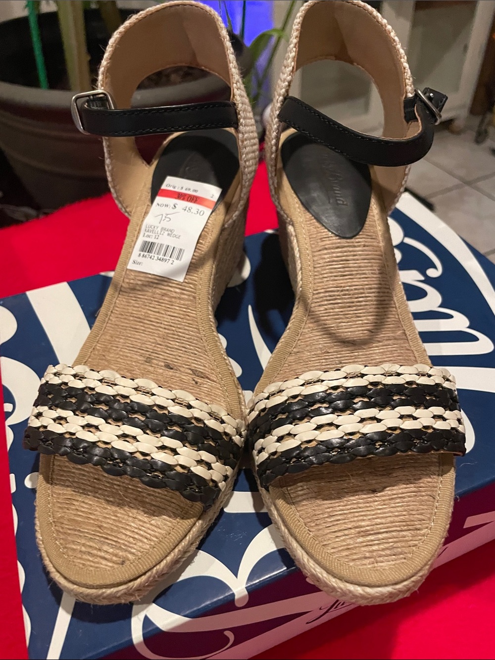 Lucky Brand Black & Natural Woven Espadrille Wedges